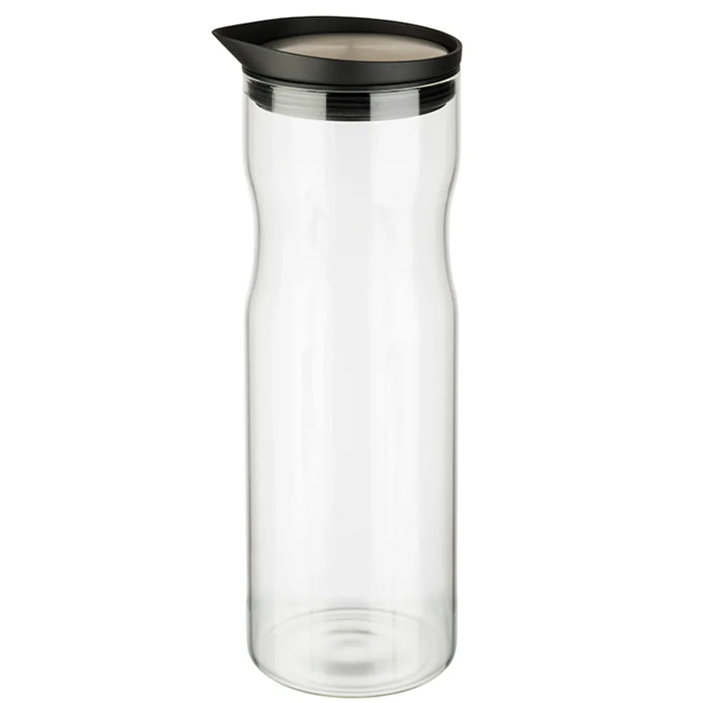  APS Glaskaraffe /// Ø 8 Cm, H: 25 Cm, 1 Liter /// Glas, 18/8 Edelstahl, Silikon /// Deckel Matt Poliert /// 10721