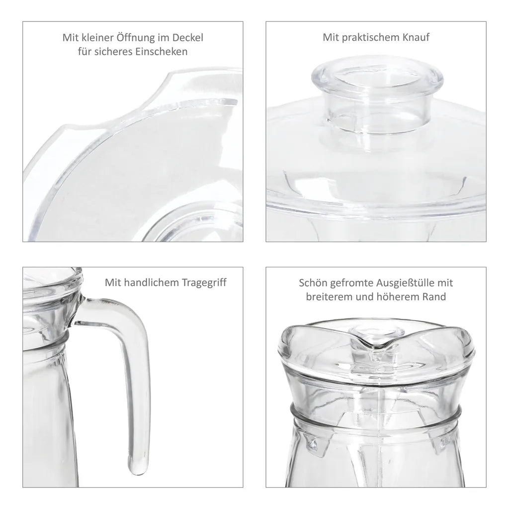  KARA Glas-Karaffe Mit Kunstoff-Deckel + Griff 1,2L Wasser-Krug Saftkanne Limo