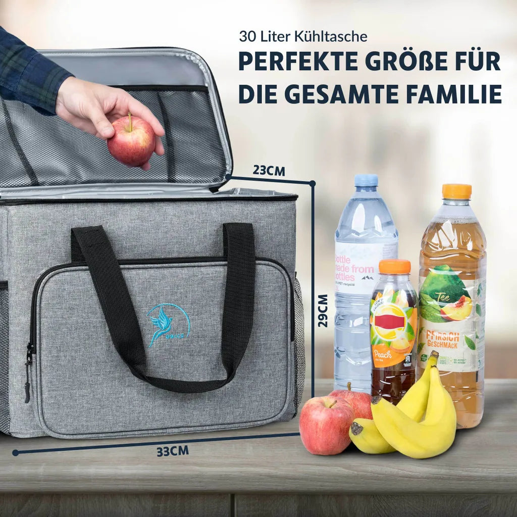  Obics - Kühltasche Gross Faltbar 30l Kuehlbox Isoliertasche Grau Für Essen In Tupperware Für Auto Mit Fächer Lunchtasche Camping Zubehör Für Picknick Essenstasche Isoliert Und Wasserdicht Für Arbeit