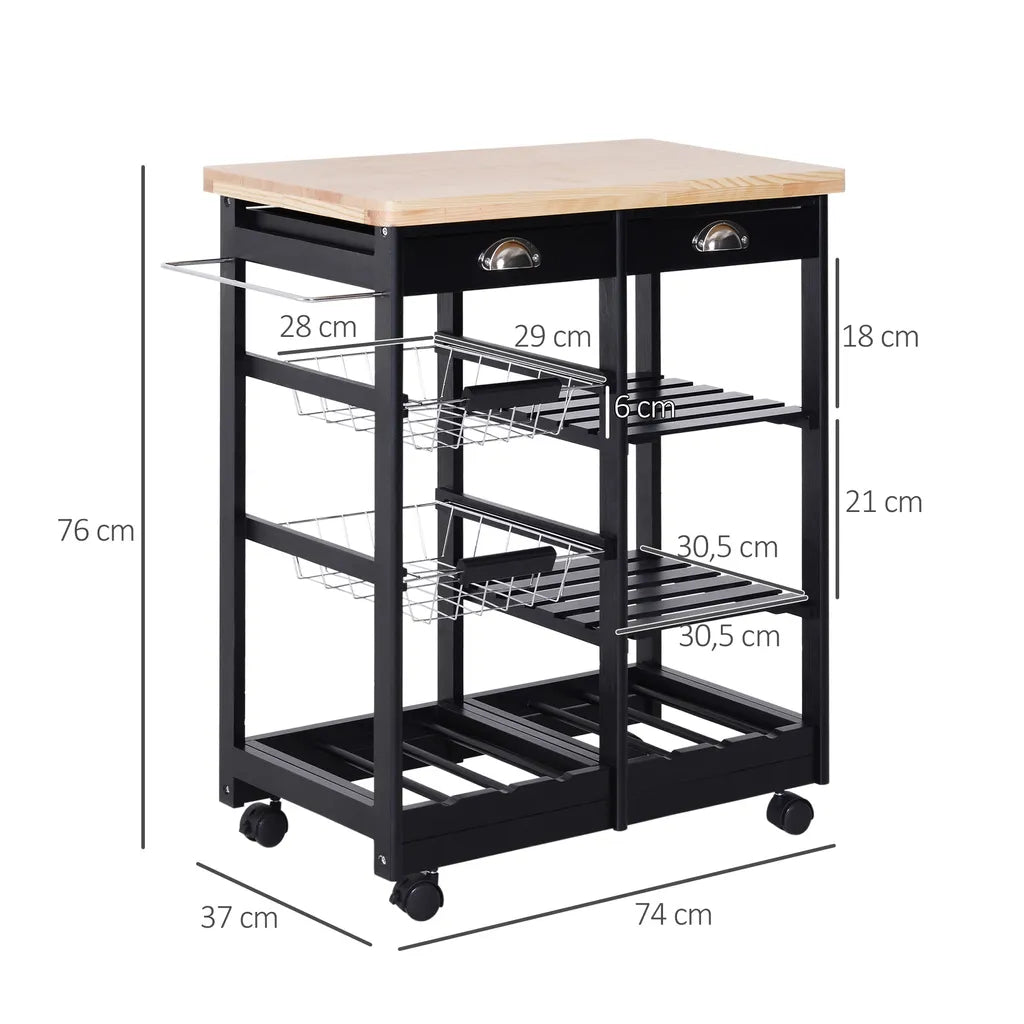  HOMCOM Küchenwagen Servierwagen Mit Ausziehbarem Korb Schublade Küchenrollwagen Weinablage Küchentrolley Holz Schwarz 74 X 37 X 76 Cm