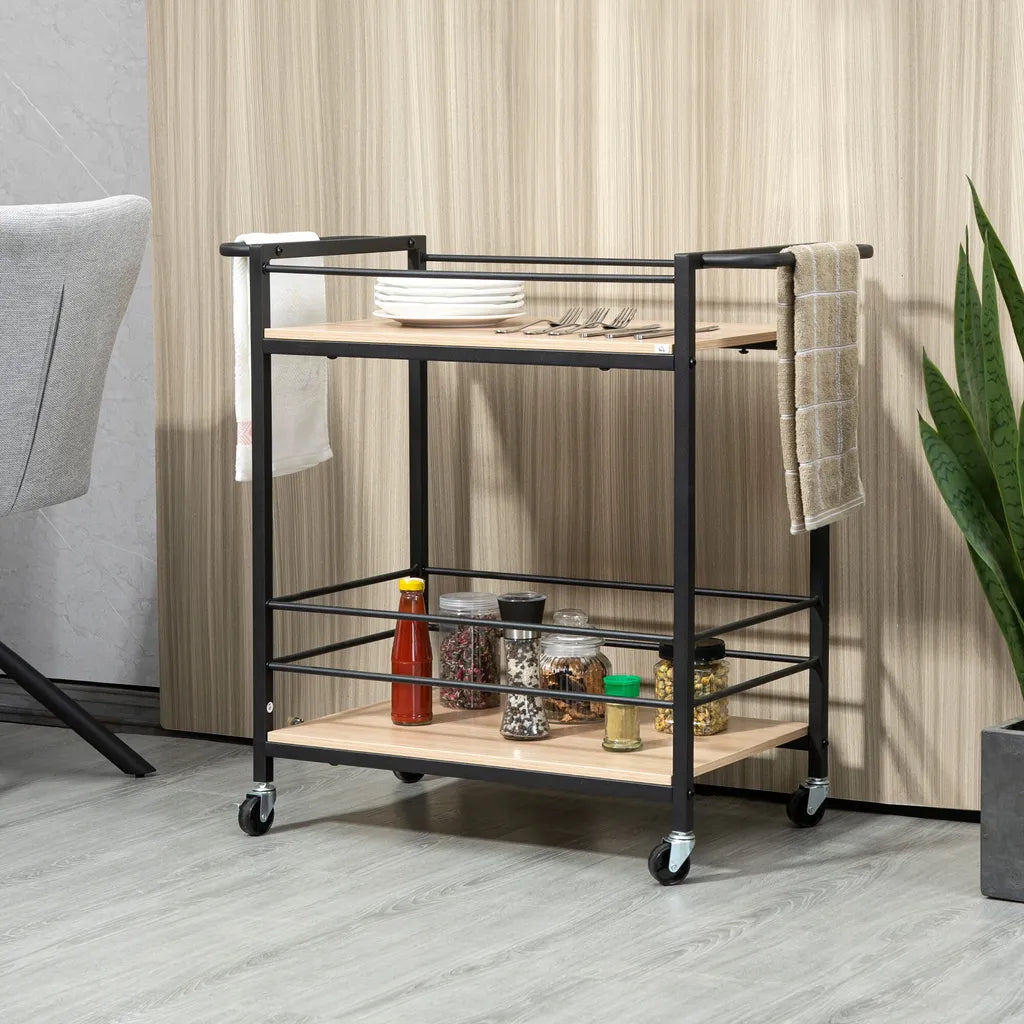  HOMCOM Küchenwagen Servierwagen Aufbewahrungswagen Beistellwagen Mit 2 Ebenen Und Griff Rollenwagen Für Küche Esszimmer Belastbarkeit 60 Kg Spanplatte 82 X 40 X 75 Cm