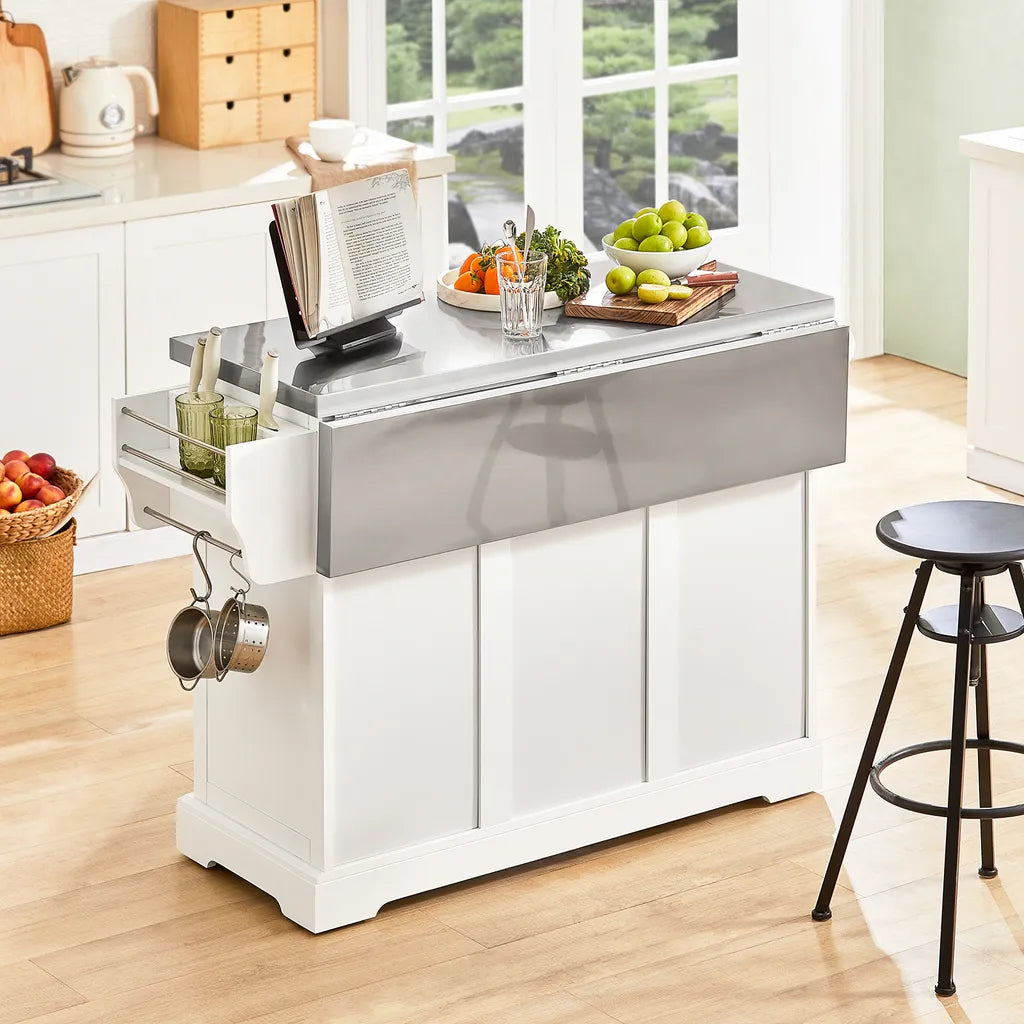  SoBuy FKW41-ST Luxus-Küchenwagen Mit Edelstahlplatte Küchenschrank Sideboard Mit Erweiterbarer Arbeitsfläche Servierwagen BHT Ca.:130x91x46(+25) Cm