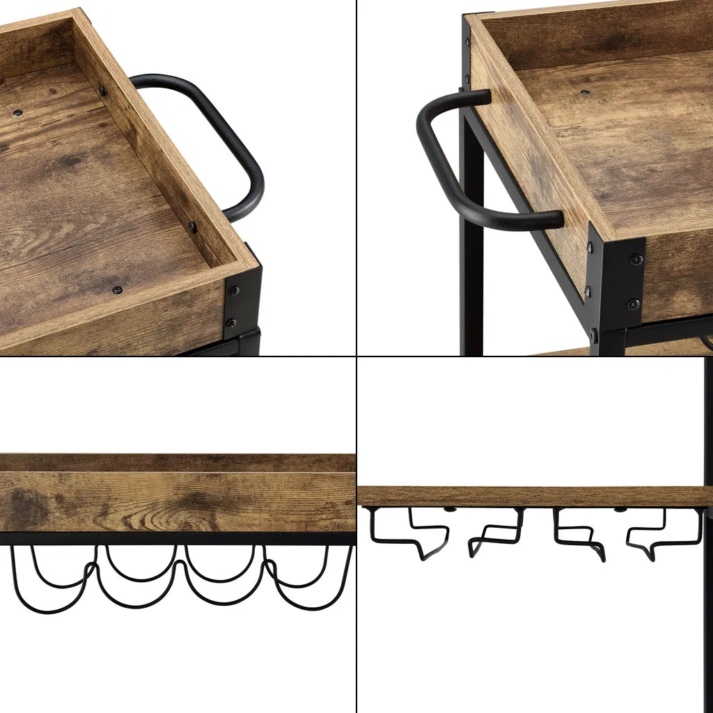 Servierwagen Barwagen Mit Flaschen- Und Glashalter Beistellwagen Allzweckwagen Rollwagen Schwarz/holzfarben [en.casa]