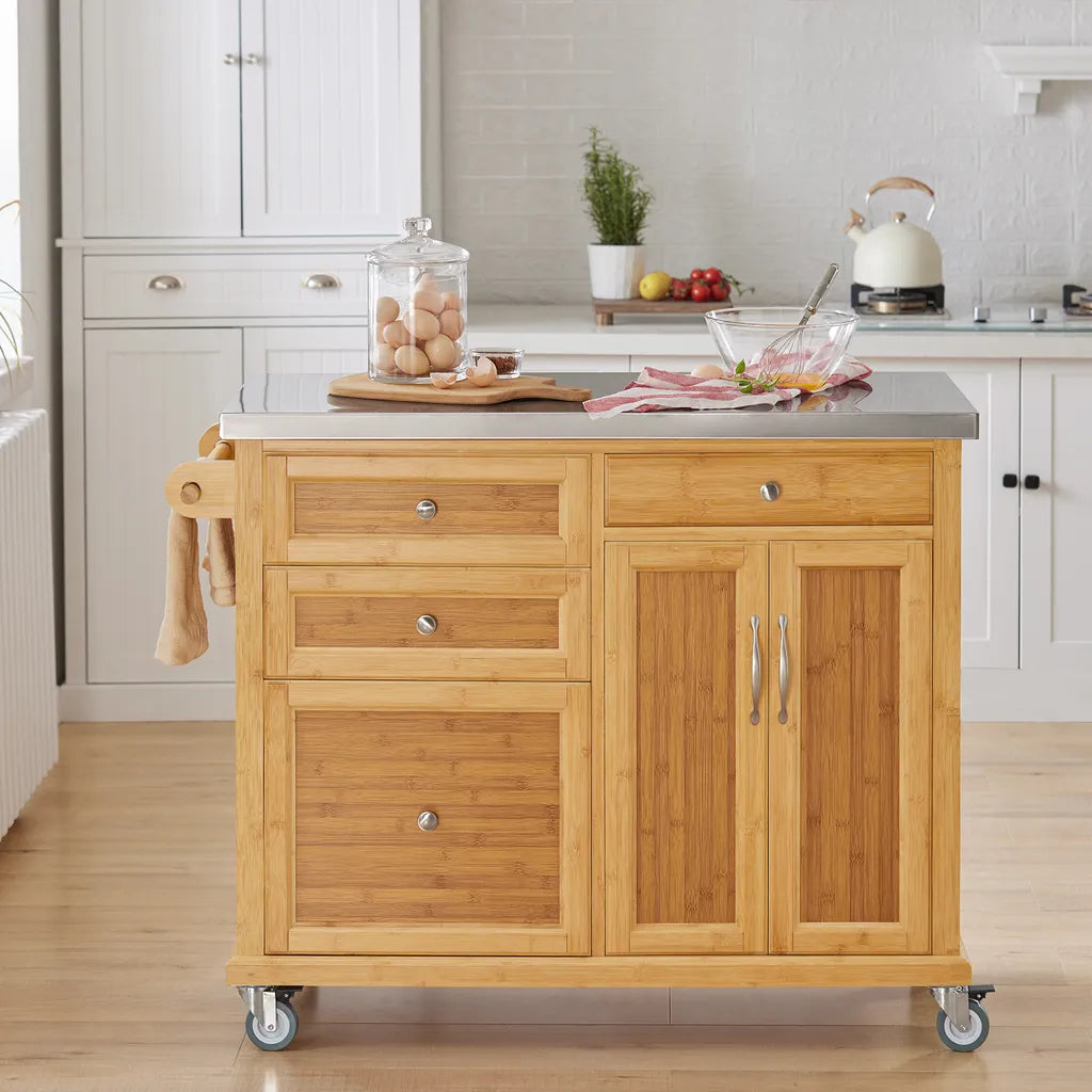  SoBuy FKW70-N Küchenwagen Servierwagen Kücheninsel Küchenschrank Aus Bambus Mit Edelstahlarbeitsplatte BHT Ca.: 115x92x46cm