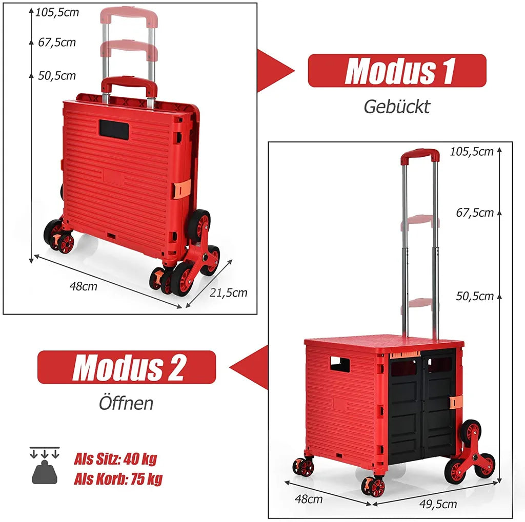  COSTWAY Einkaufstrolley Klappbar, Einkaufswagen Kunststoff Faltbar, Transport Trolley Treppensteigen 70kg Tragkraft, Einkaufskorb Mit Deckel, Teleskop Griff, 8 Rädern (Rot)