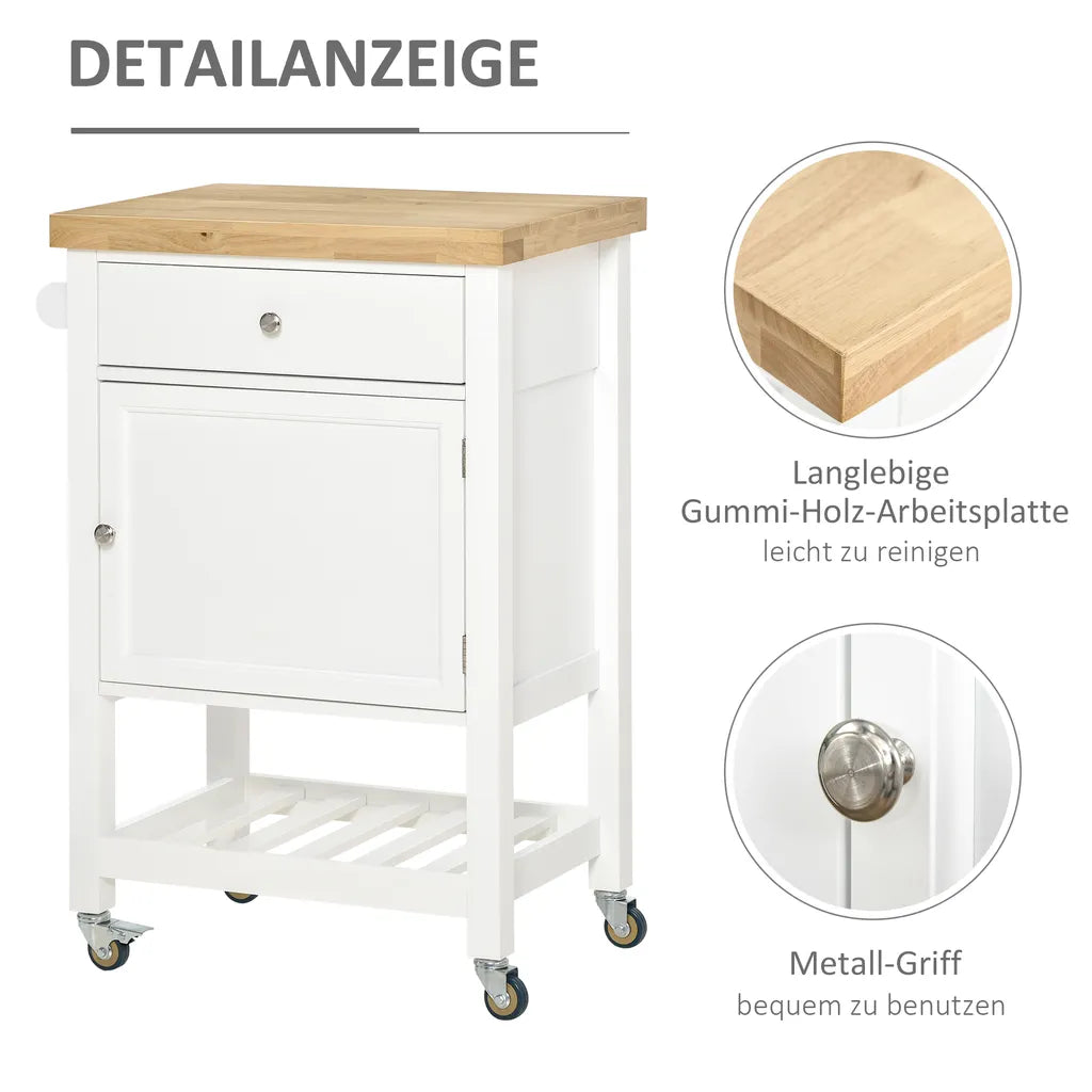  HOMCOM Küchenwagen Küchenrollwagen Servierwagen Mit Einer Schublade Geschlossenen Schrank Regalboden Und Handtuchhalter 4 Lenkrollen MDF Gummiholz Weiß+Eiche 63,5 X 40 X 90 Cm