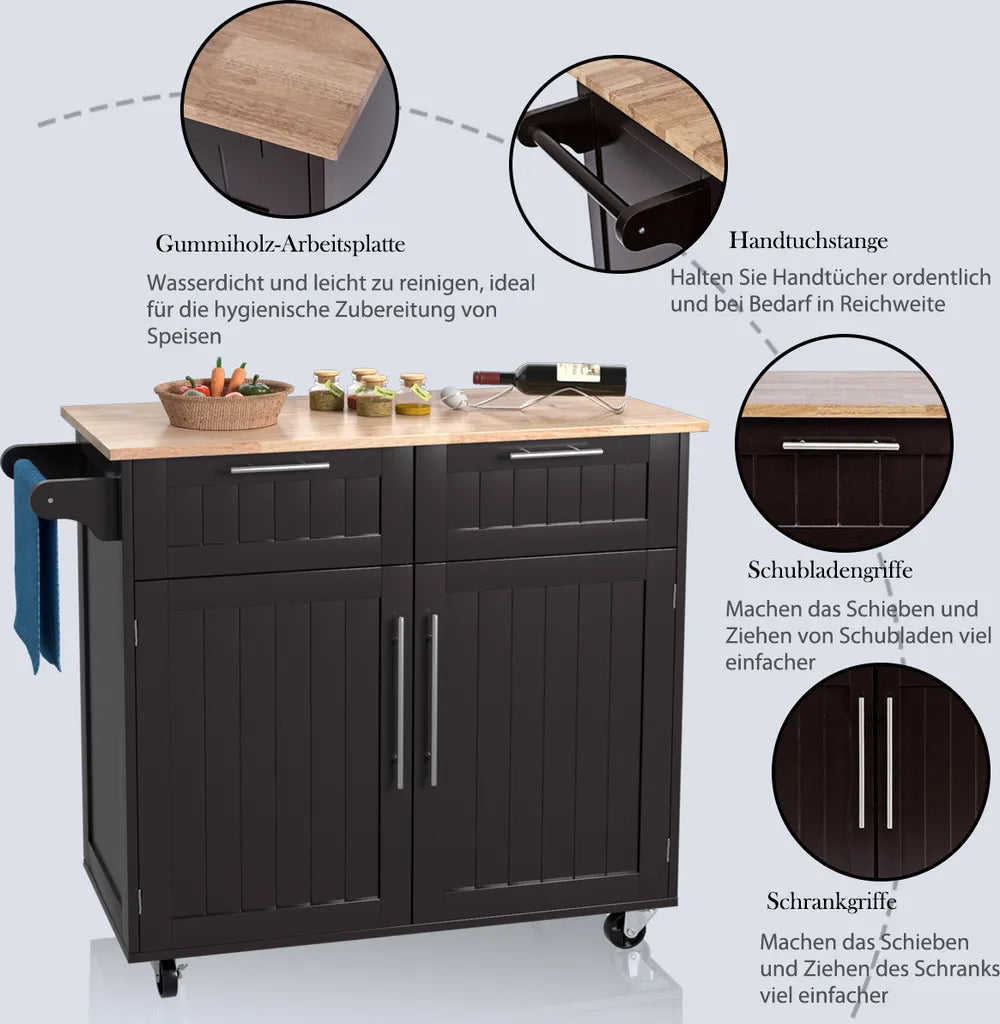  COSTWAY Küchenwagen Kücheninsel Mit Arbeitsplatte, 2 Schubladen Türen & Handtuchhalter, Servierwagen Holz Mit Rollen, 94x45,5x94,5cm, Braun