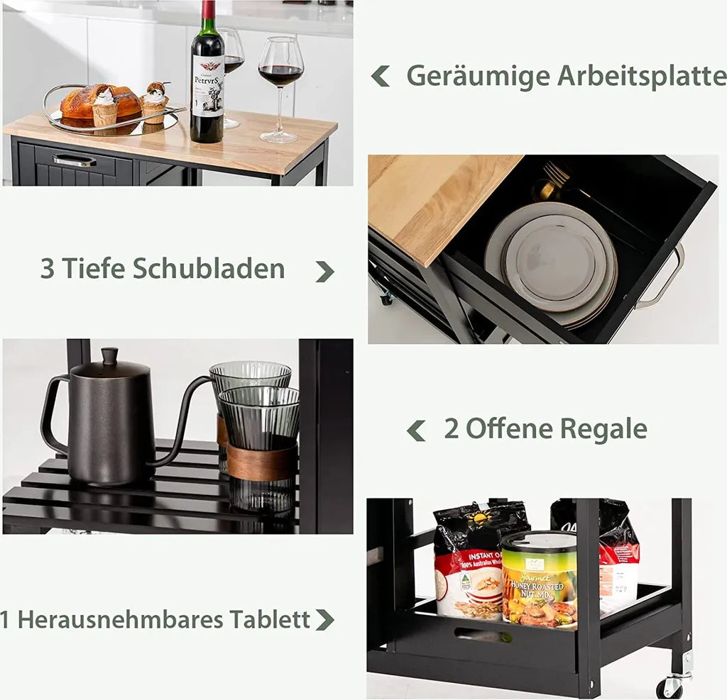  COSTWAY Küchenwagen Mit Tablett, Regalen Und 3 Großen Schubladen, Küchenschrank Rollbar, Kücheninsel Aus Kautschukholz, Servierwagen 67 X 37 X 82,5 Cm (Schwarz)