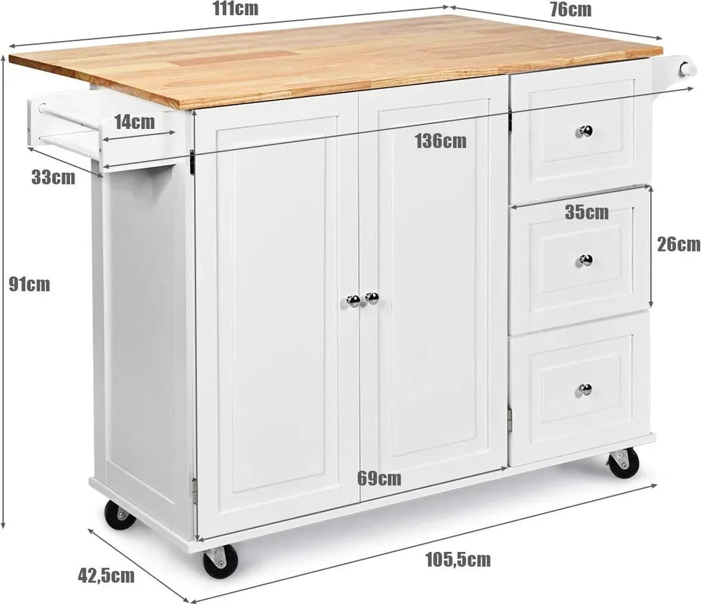  COSTWAY Küchenwagen Rollbar, Kücheninsel Mit Handtuchhalter, Küchenschrank Aus Holz, Servierwagen Weiß, Kücheninselwagen, Mikrowellenwagen, Sideboard 135x76x91cm