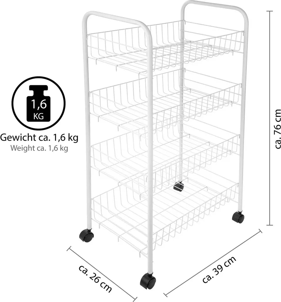  ONVAYA® Beistellwagen Susi Mit 4 Körben | Weiß | 39x26x76 Cm | Rollwagen | Küchenwagen | Wagen | Metall | Regal | Bad | Servierwagen | Haushaltswagen | Allzweckwagen | Küchentrolley