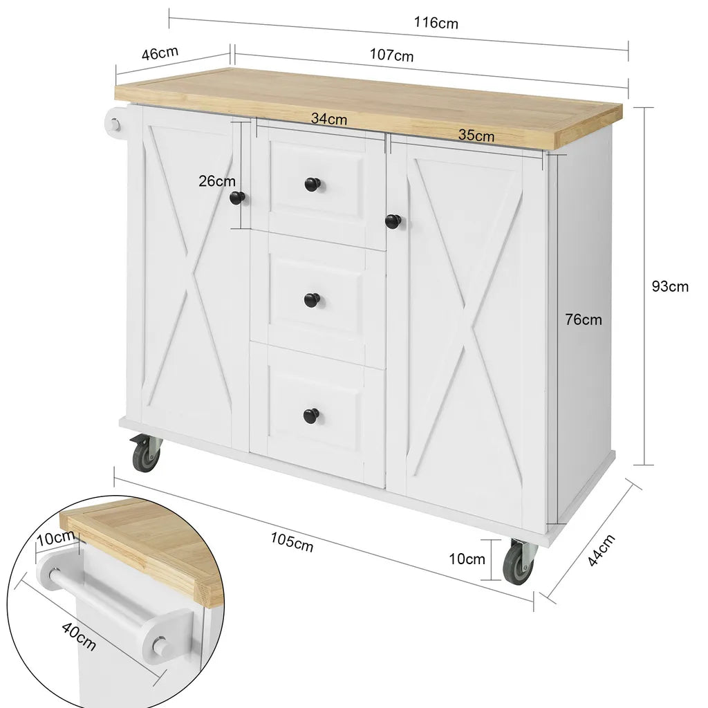  SoBuy FKW96-WN Kücheninsel Mit Arbeitsplatte Küchenwagen Mit 2 Türen Küchenschrank Mit 3 Schubladen Sideboard Weiß BHT Ca.: 116x93x46cm