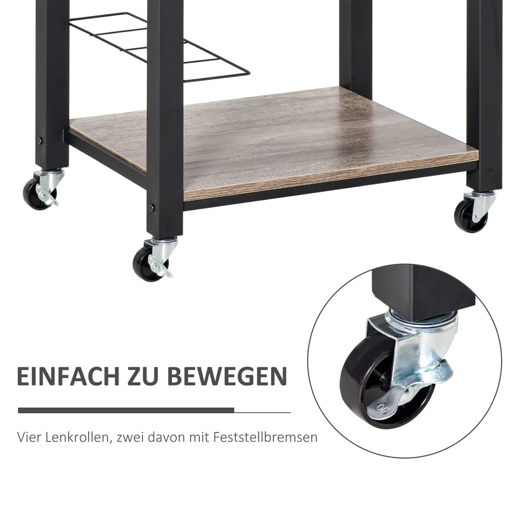  HOMCOM Küchenwagen Küchenrollwagen Servierwagen Mit Ablage Schublade Weinregal Spanplatte Metall Grau Eiche 60 X 50 X 84,5 Cm