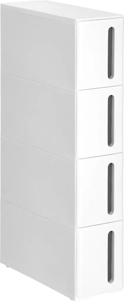 SONGMICS Küchenregal, Nischenregal Mit Rollen, Schmaler Rollwagen Mit 4 Schubladen, Mobil, Ausziehbar, Badregal, Küchenschrank Mit Rädern, PP-Kunststoff, Platzsparend, 45 X 17 X 84 Cm, Weiß-grau KFR008G01