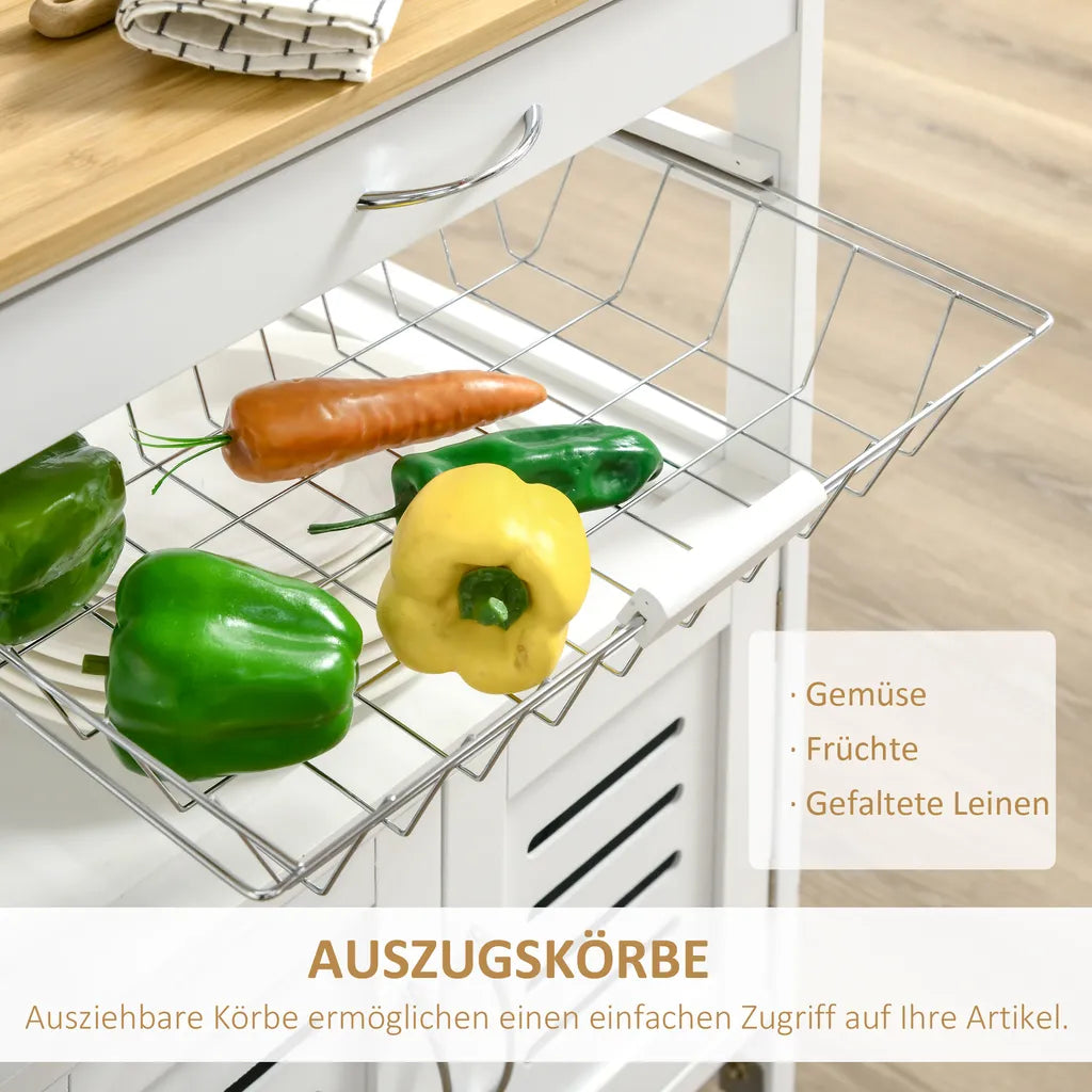 HOMCOM Küchenwagen Küchenrollwagen Servierwagen Mit Schublade Abnehmbares Tablett Bambus MDF Metall Weiß+Natur 58 X 37 X 83 Cm