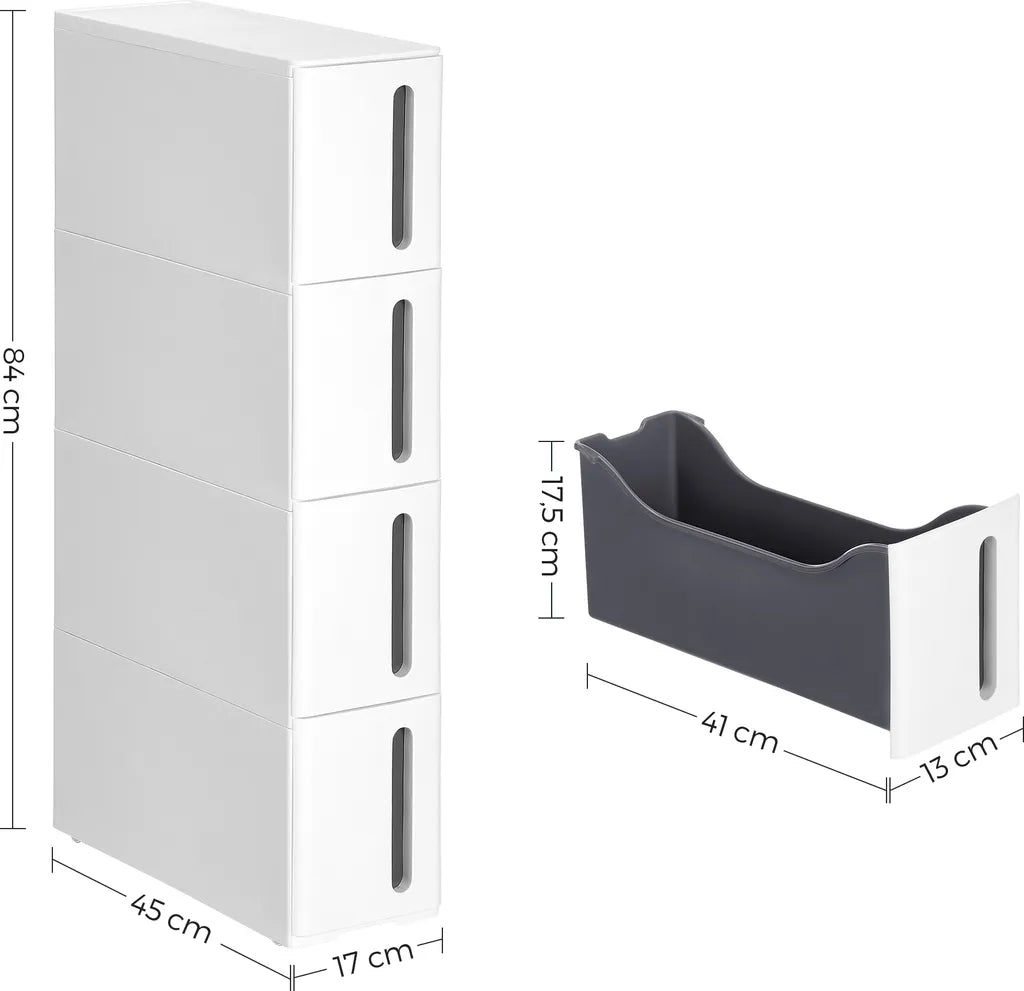  SONGMICS Küchenregal, Nischenregal Mit Rollen, Schmaler Rollwagen Mit 4 Schubladen, Mobil, Ausziehbar, Badregal, Küchenschrank Mit Rädern, PP-Kunststoff, Platzsparend, 45 X 17 X 84 Cm, Weiß-grau KFR008G01