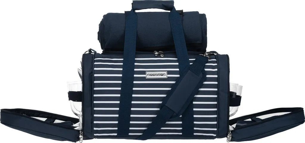  Anndora Picknick Kühltasche + Decke + Zubehör - Blau Weiß Gestreift - Blau