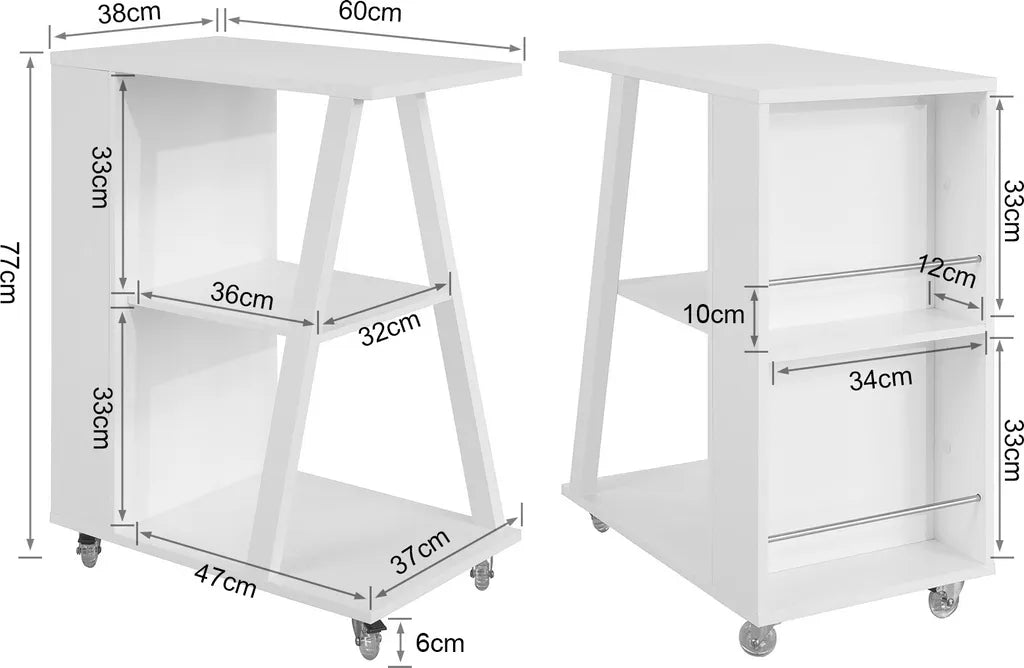  SoBuy FKW77-W Design Servierwagen Küchenwagen Beistellwagen Rollwagen Mit 3 Ablagen Und 2 Regalfächern Weiß BHT Ca.: 60x77x38cm