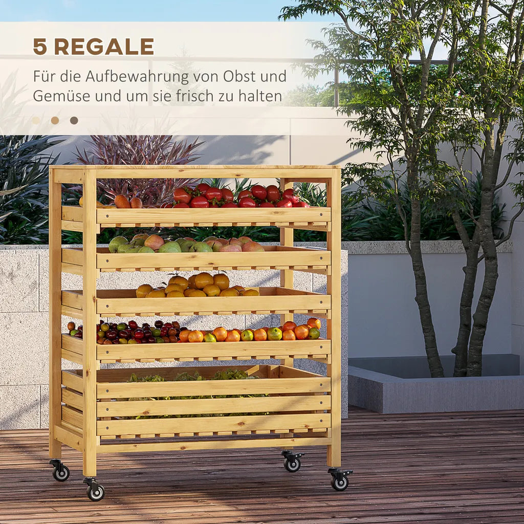  Outsunny Obsthalter Mit Rädern, Gemüseregal Mit 5 Regalen, Obstkorbständer, Aufbewahrungswagen, Für Gemüse, Obst, Bis 20 Kg Belastbar, Aus Tannenholz, Natur