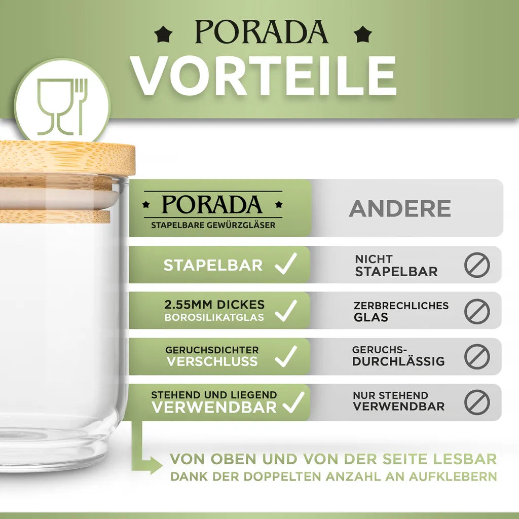  PORADA 12 Stapelbare Gewürzgläser Set 150ml Glasbehälter Mit Deckel Aufbewahrung Küche Gewürzdosen Vorratsdosen Glas Mit Deckel Aufbewahrungsgläser Küchenorganisation Aufbewahrung…