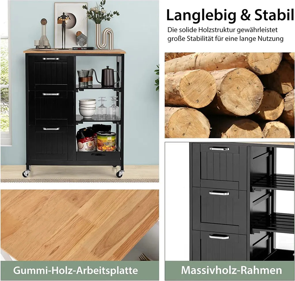  COSTWAY Küchenwagen Mit Tablett, Regalen Und 3 Großen Schubladen, Küchenschrank Rollbar, Kücheninsel Aus Kautschukholz, Servierwagen 67 X 37 X 82,5 Cm (Schwarz)
