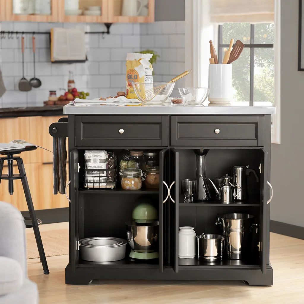  SoBuy FKW71-SCH Kücheninsel Küchenwagen Mit Erweiterbarer Edelstahlarbeitsplatte Küchenschrank Servierwagen Holz Schwarz BHT Ca.: 115x92x46-71cm