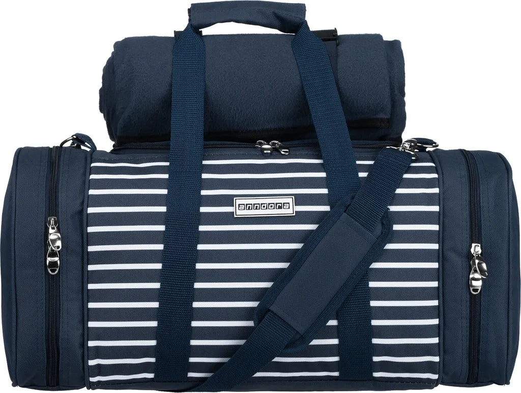  Anndora Picknick Kühltasche + Decke + Zubehör - Blau Weiß Gestreift - Blau