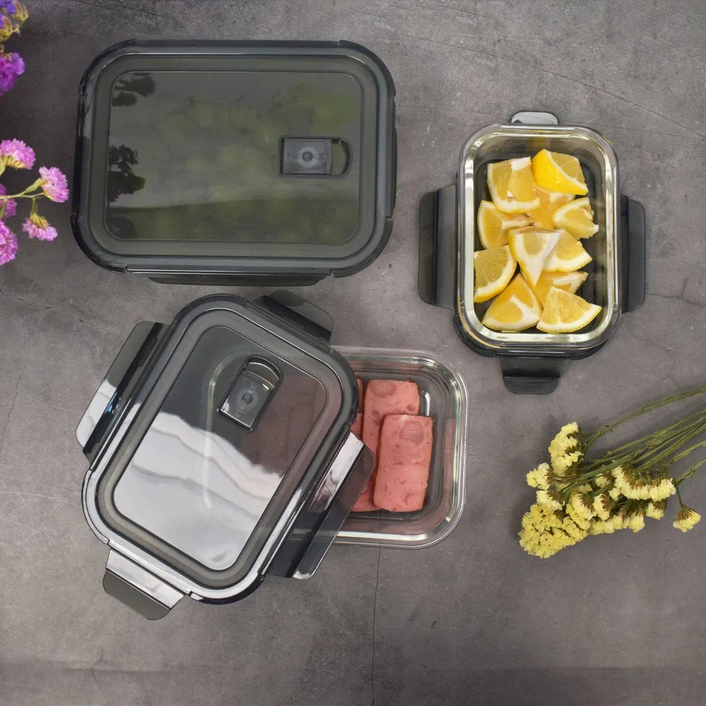  PIE LOCK Vorratsdosen 6 Teilig Eckig - Vorratsdosen Set Mikrowellengeeignete Essensbox Vorratsbehälter - Grau Glasdose Lunchbox Vorratsgläser Set