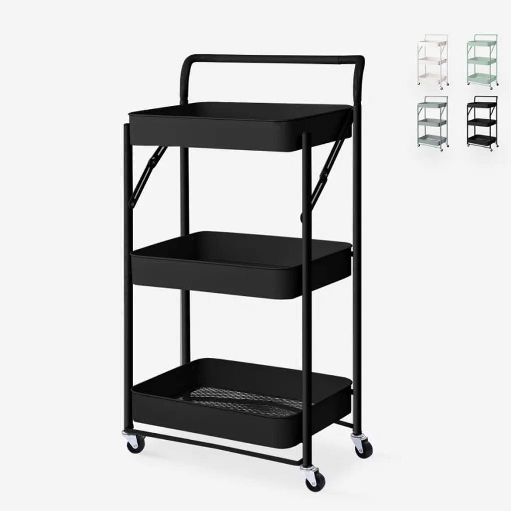  Klappbarer Küchenwagen 3 Etagen Griff Räder Pikas PlusFarbe: Schwarz, Höhe (cm): 89, Breite (cm): 46, Tiefe (cm): 29,5, Zusammensetzung: POWDER COATED IRON, Modelle: PIKAS PLUS, Länge (cm): 29
