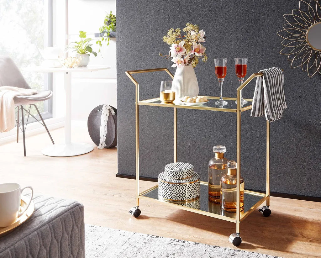  WOHNLING Design Servierwagen Gold 73x78x37 Cm Küchenwagen Glas / Metall | Mobiler Beistelltisch | Speisewagen Mit Glasplatte | Teewagen Mini Bar Auf 4 Rollen