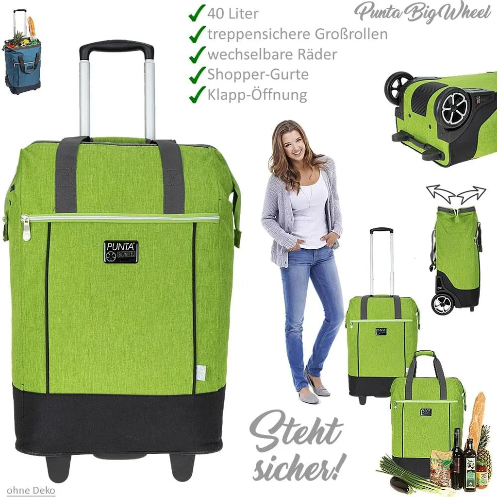  Punta Big Wheel Einkaufsroller Shopper Einkaufswagen Shopping Trolley Einkaufstrolley Trolly Große Räder 10303-0700 Two Tone Grün + Thermo Tasche