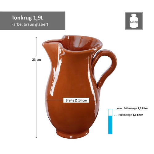  7tlg.-Set: Tonkrug 1.9L + 6 Tonbecher 175ml Ton-Geschirr Rotbraun Glasiert Servier-Kanne Tassen