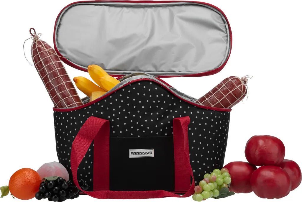  Anndora Kühltasche 20 L - Schwarz Weiß Gepunktet Isoliertasche Einkaufstasche - Snövit - Schwarz-Rot