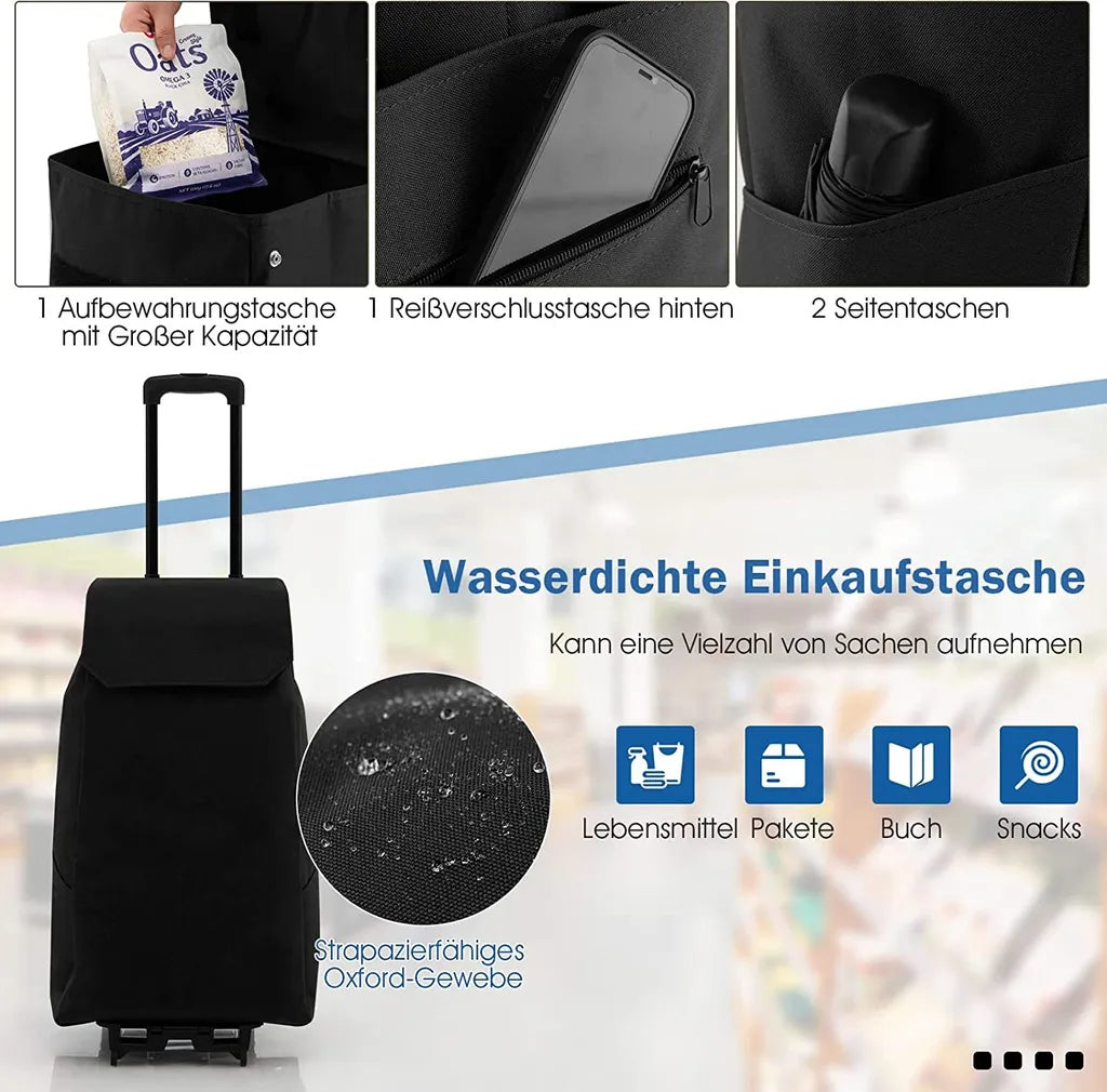  COSTWAY 2in1 Einkaufswagen & Trolley Mit 38L-Fassungsvermögen, 3-stufig Höhenverstellbarer Einkaufsroller Mit 2 Rädern & 2 Seitentaschen & Reißverschlusstasche, Bis 60kg Belastbar Schwarz