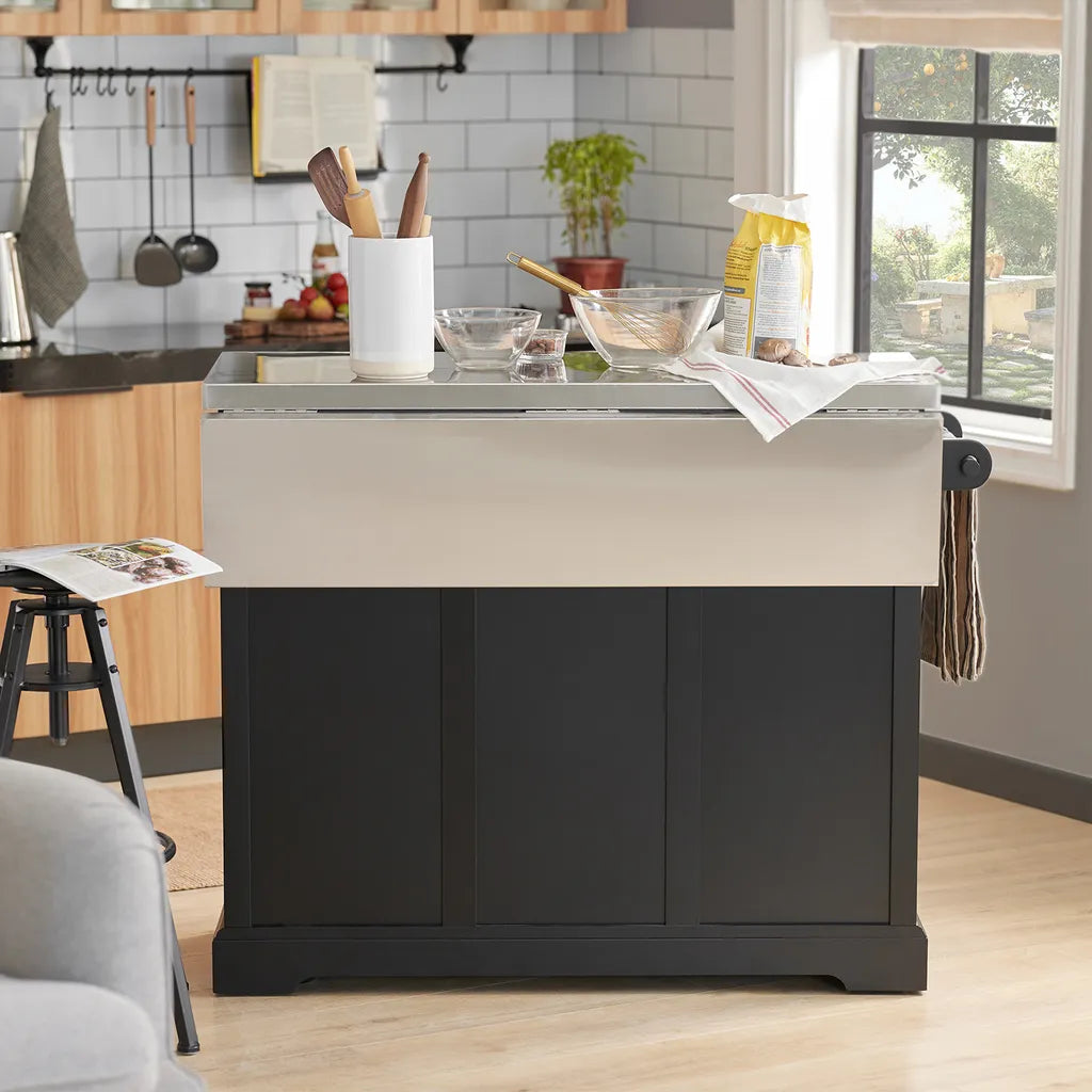  SoBuy FKW71-SCH Kücheninsel Küchenwagen Mit Erweiterbarer Edelstahlarbeitsplatte Küchenschrank Servierwagen Holz Schwarz BHT Ca.: 115x92x46-71cm