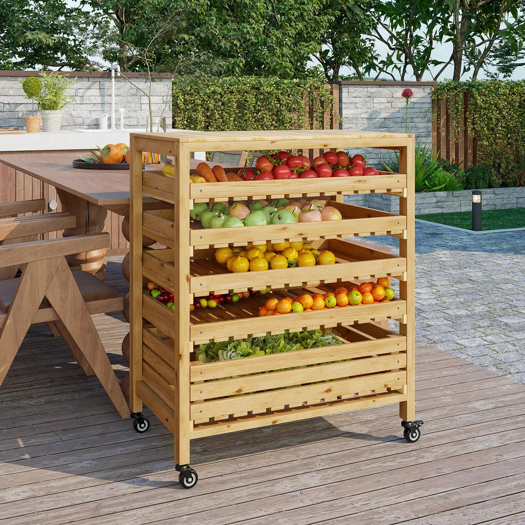  Outsunny Obsthalter Mit Rädern, Gemüseregal Mit 5 Regalen, Obstkorbständer, Aufbewahrungswagen, Für Gemüse, Obst, Bis 20 Kg Belastbar, Aus Tannenholz, Natur
