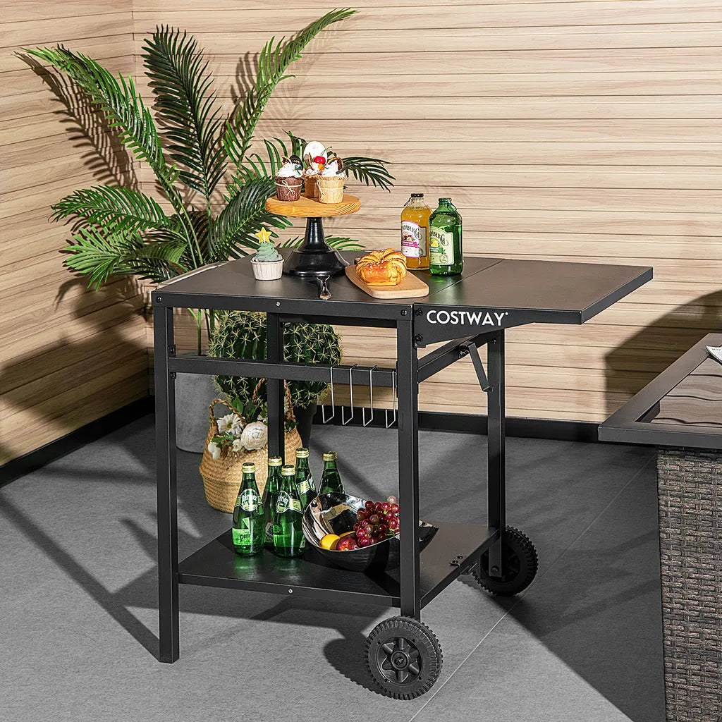  COSTWAY Grilltisch Mit Klappbarer Tischplatte, Beweglicher Campingtisch Mit 2 Ablagen & 4 Haken, Metall Grillwagen Für Außenbereich, Rollwagen Zum Grillen & Outdoorküche, Zubereitungswagen Schwarz