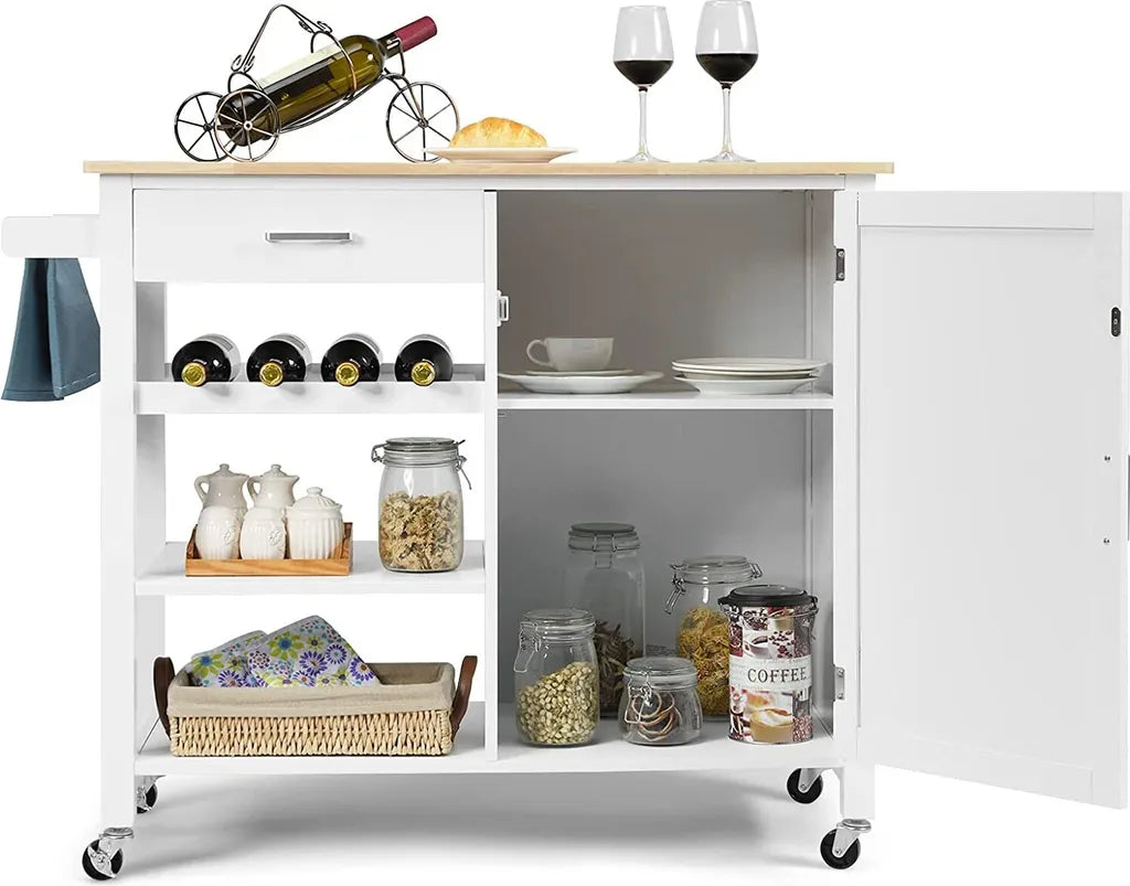  COSTWAY Küchenwagen Auf Rollen, Kücheninsel Mit Schublade, Weinregal, Offene Regale & Handtuchhalter, Platzsparender Servierwagen, Für Küche, Esszimmer, Bar, Weiß