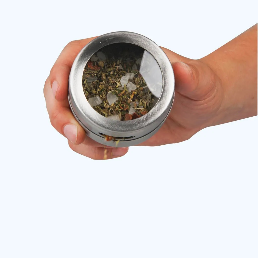  Fackelmann Magnetische Gewürzdose, Vorratsdose Mit Streuöffnungen, Aufbewahrungsdose Aus Edelstahl (Farbe: Silber/Transparent), Menge: 1 Stück