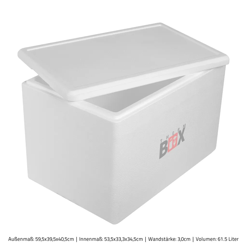  Styroporbox 61W | Wand: 3,0cm | Volumen: 61,5L | Innenmaß:53x33x34cm | Weiß Isolierbox Thermobox Kühlbox Warmhaltebox