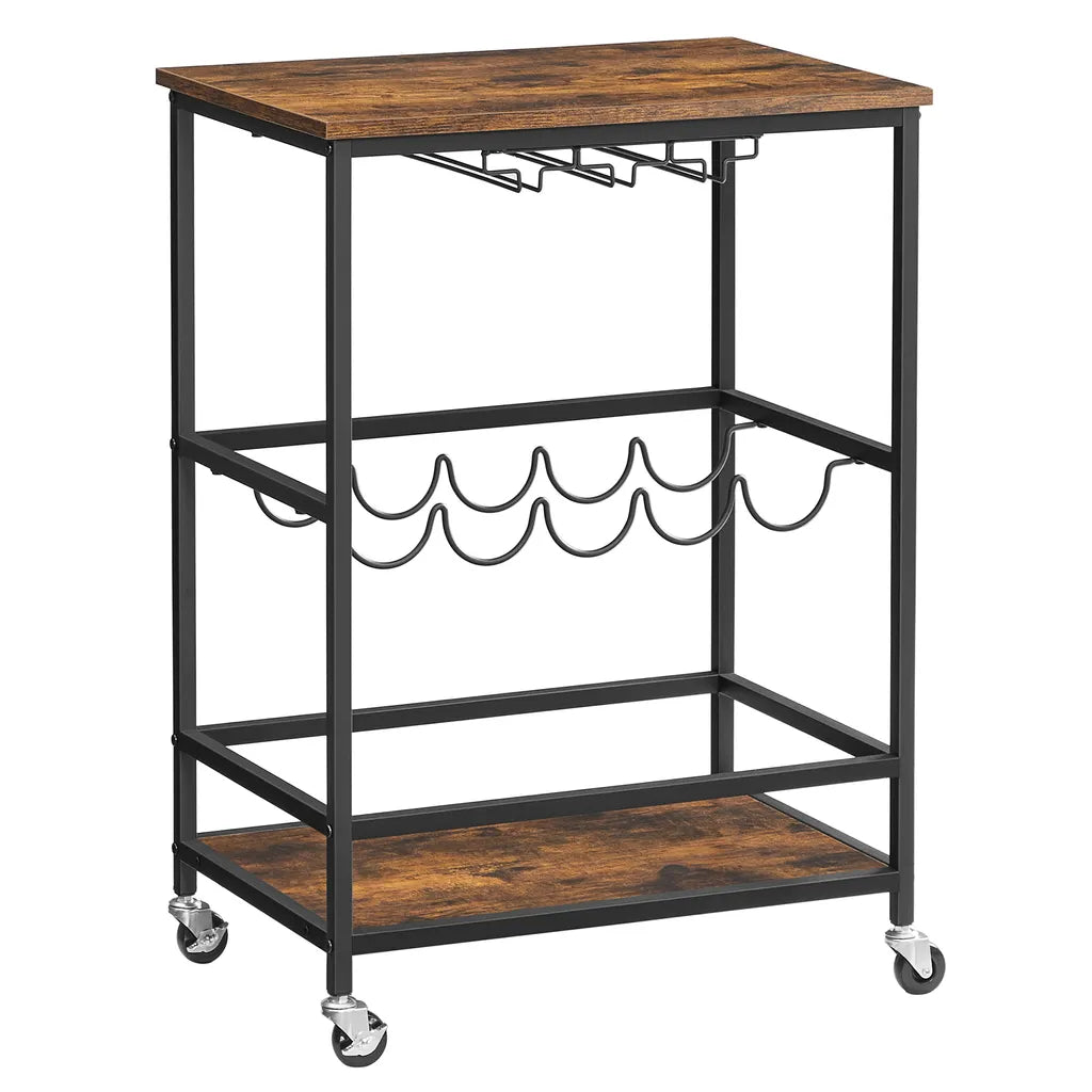  VASAGLE Servierwagen, Küchenwagen Auf Rollen, Mit Ablagen, Glas- Und Flaschenhaltern, 60 X 40 X 75 Cm, Industrie-Design, Vintagebraun-schwarz LRC087B01