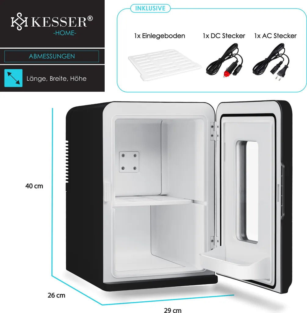  KESSER® 2in1 Mini Kühlschrank Kühlbox 15 Liter Kühl Und Heizfunktion Tragbarer AC DC 220-240V/12V Steckdose Und Zigarettenanzünder Warmhaltebox Mini-Thermobox Auto Büros Zimmer Camping Garten , Farbe:Schwarz, Größe:15L