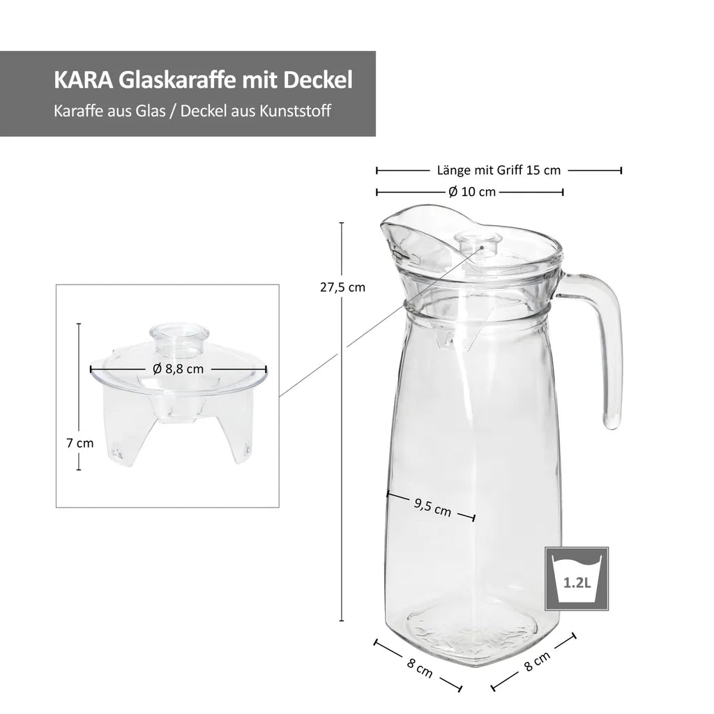  KARA Glas-Karaffe Mit Kunstoff-Deckel + Griff 1,2L Wasser-Krug Saftkanne Limo
