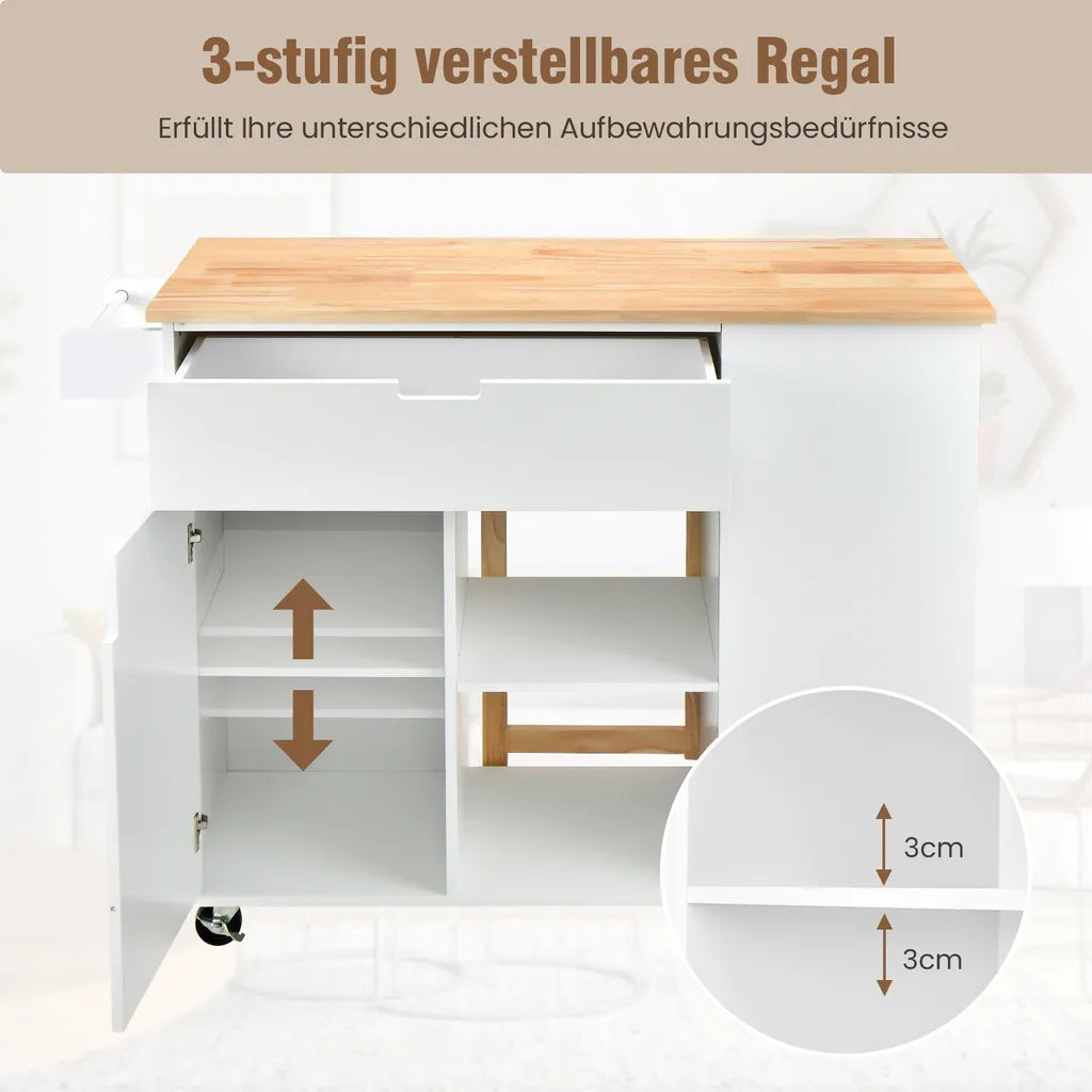  COSTWAY Küchenwagen Mit Ausziehbarer Arbeitsfläche, Servierwagen Auf Rollen, Kücheninselwagen Holz, Küchenschrank Mit Ablagen & Schublade & Gewürzregal, Küchentrolley Für Küche Esszimmer (Weiß)