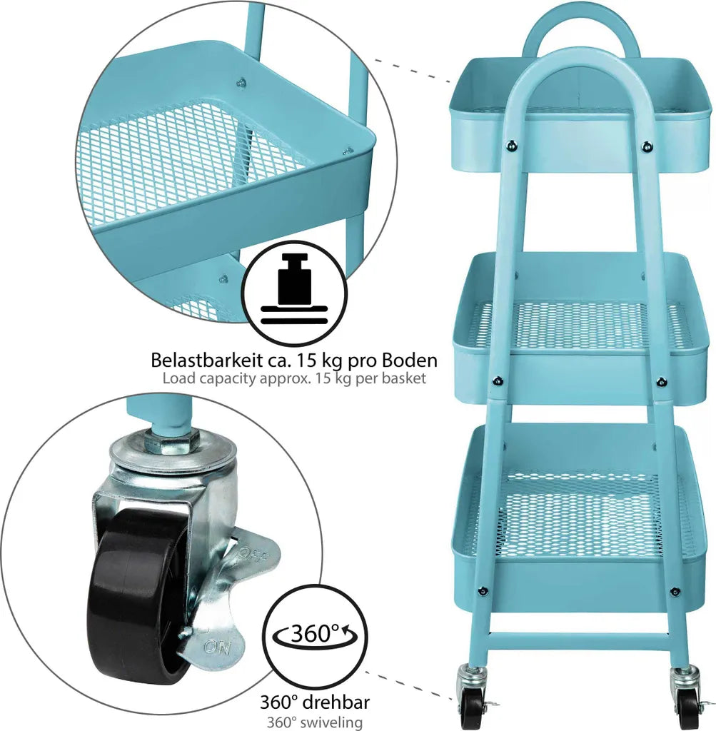  ONVAYA® Servierwagen Silvio | Beistellwagen | Blau | 30,5 X 45 X 77 Cm | 3 Fächer | Multifunktionswagen | Transportwagen | Allzweckwagen | Küchentrolley | Nischenregal