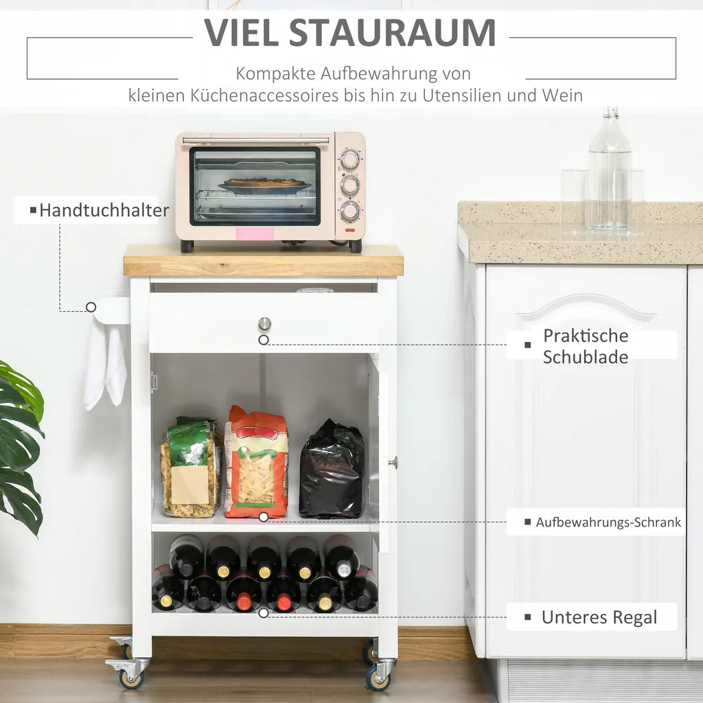  HOMCOM Küchenwagen Küchenrollwagen Servierwagen Mit Einer Schublade Geschlossenen Schrank Regalboden Und Handtuchhalter 4 Lenkrollen MDF Gummiholz Weiß+Eiche 63,5 X 40 X 90 Cm