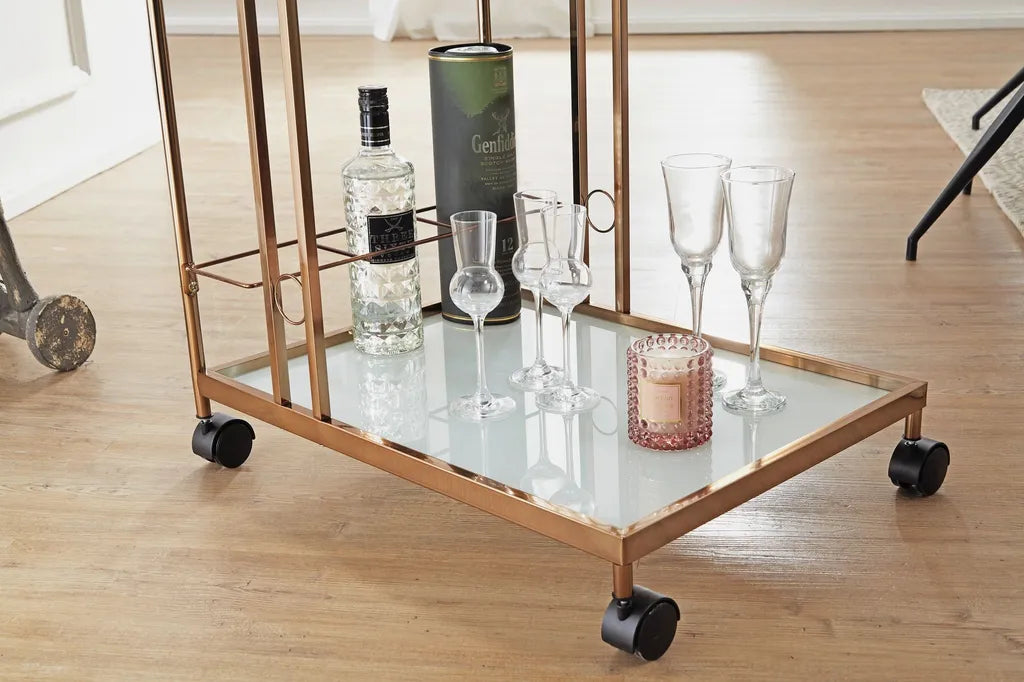  WOHNLING Design Servierwagen Gold 67x80x45 Cm | Mobiler Beistelltisch | Speisewagen Mit Glasplatte | Küchenwagen Milchglas | Teewagen | Mini Bar Auf Rollen