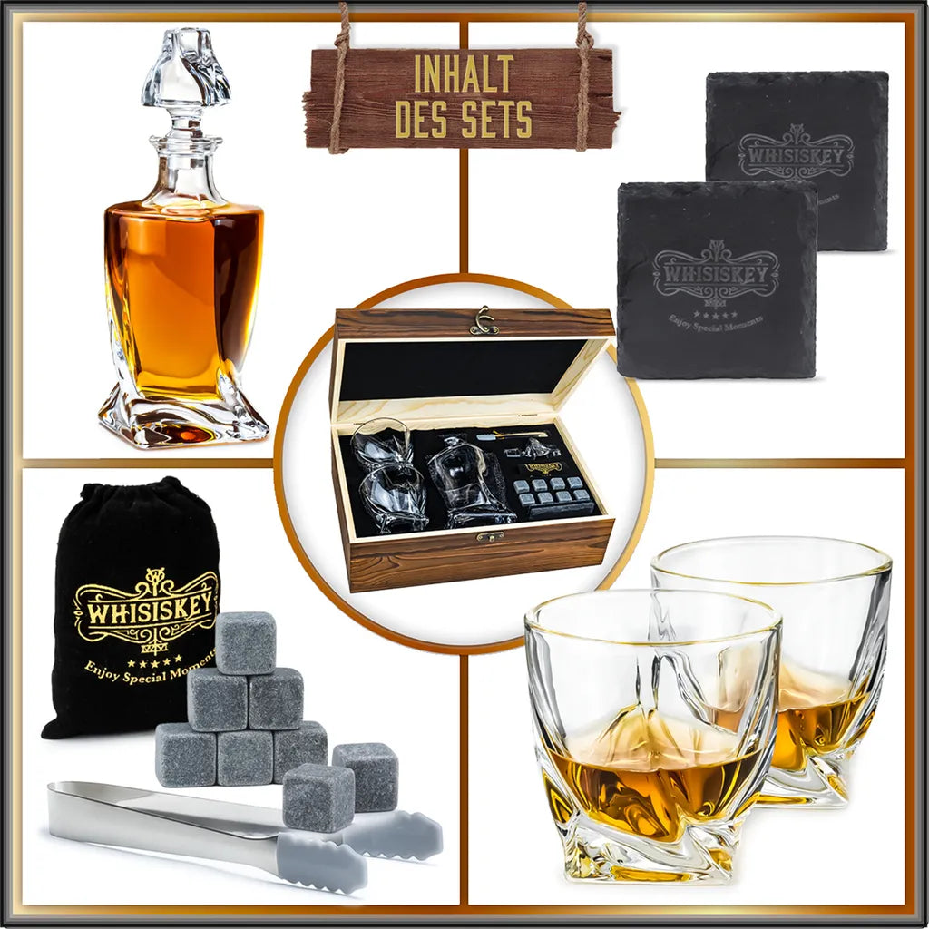  Whisiskey - Whisky Karaffe – Twisted Dekanter Set - Whiskey Karaffe Set - 1000ML - Geschenke Für Männer - Inkl. 8 Whisky Steine, Zange & 2 Whisky Gläser