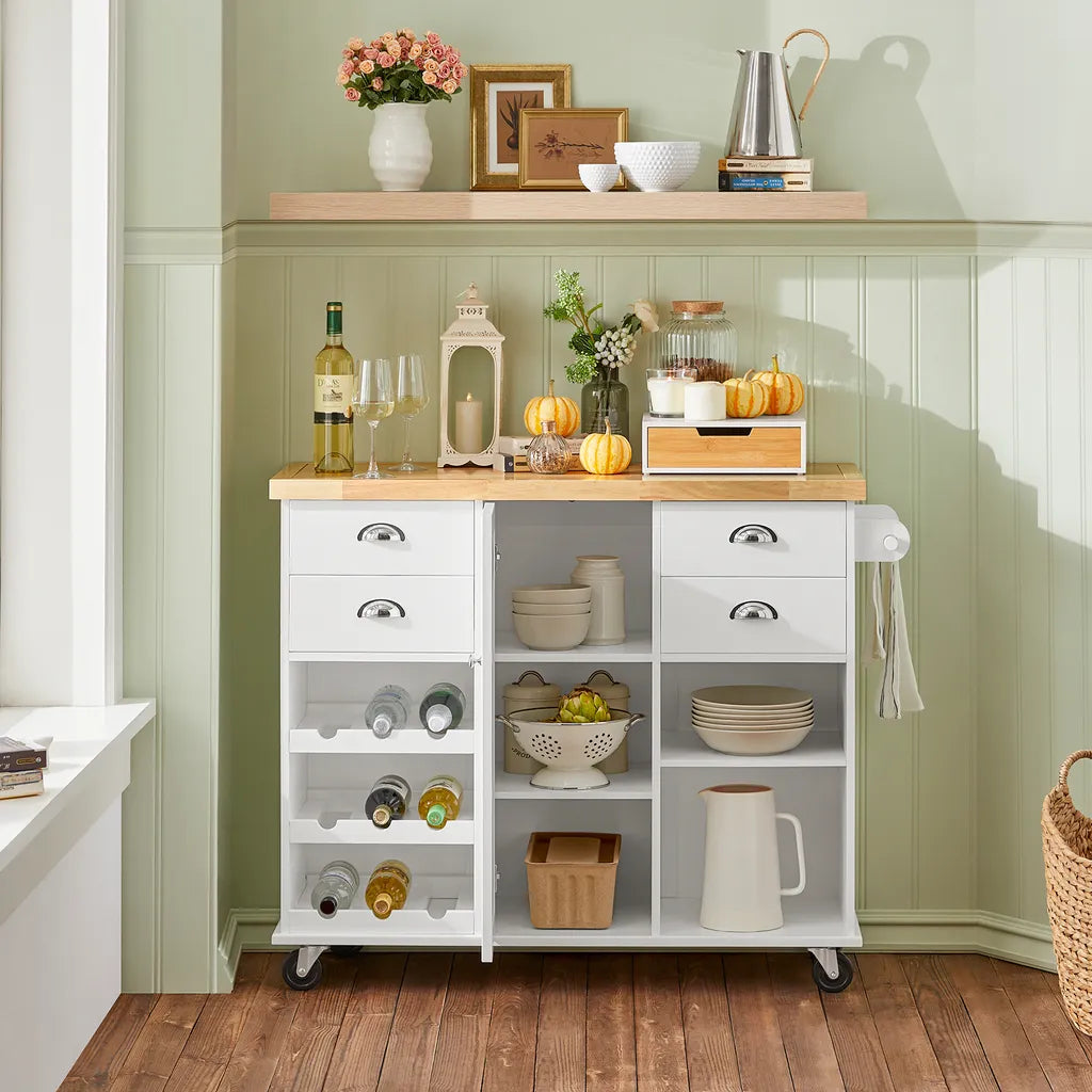  SoBuy KNL03-WN Küchenwagen Kücheninsel Mit 1 Handtuchhalter Küchenschrank Rollwagen Sideboard Auf Rollen Küchentrolley Servierwagen Mit Flaschenablagen Und Schublade BHT Ca.: 107x93x45cm