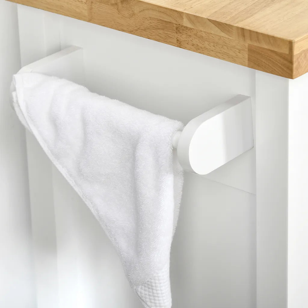  HOMCOM Küchenwagen Küchenrollwagen Servierwagen Mit Einer Schublade Geschlossenen Schrank Regalboden Und Handtuchhalter 4 Lenkrollen MDF Gummiholz Weiß+Eiche 63,5 X 40 X 90 Cm