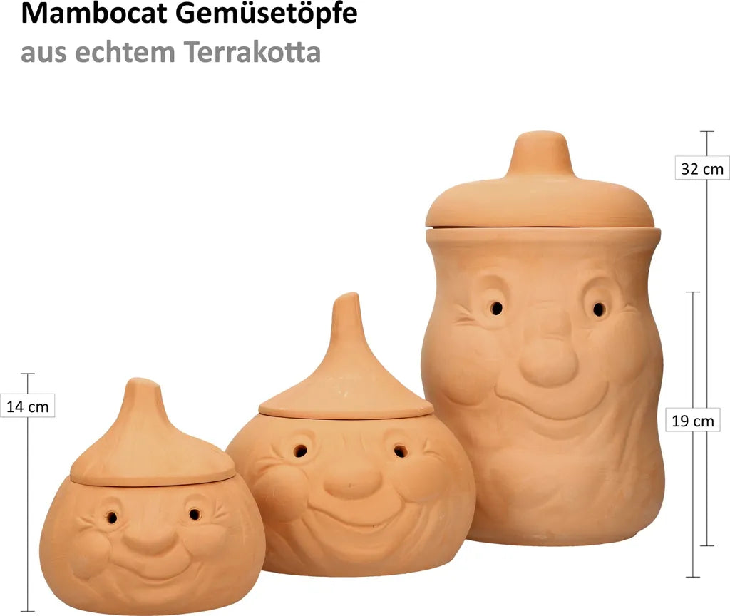  Mambocat 3tlg. Terrakotta-Töpfe Set Knoblauchtopf + Zwiebeltopf + Kartoffeltopf Vorrats-Dosen